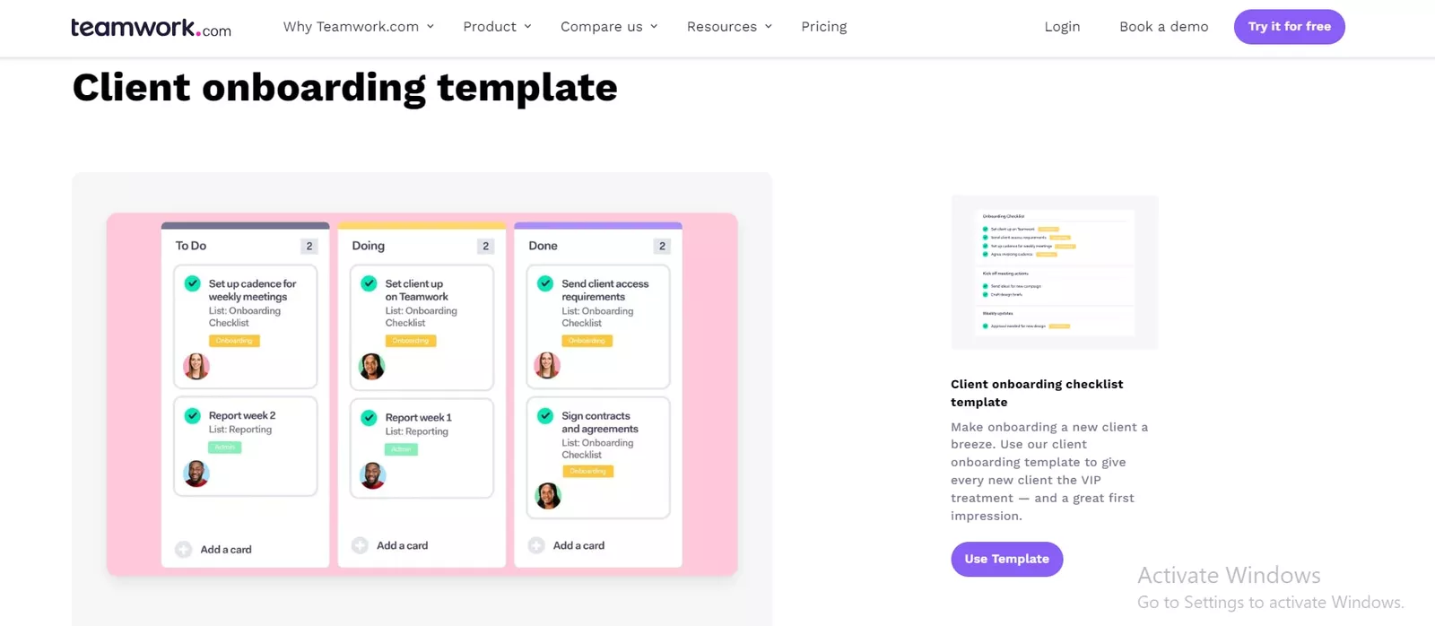teamwork's client onboarding template